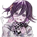  1boy :p blush danganronpa_(series) danganronpa_v3:_killing_harmony finger_to_mouth food hair_between_eyes hair_ornament hair_scrunchie hands_up highres holding holding_food holding_pocky male_focus ohn_(hiyu194) oma_kokichi pink_eyes pocky polka_dot polka_dot_scrunchie purple_hair scrunchie simple_background smile solo tongue tongue_out translation_request white_background 