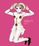  1boy 2015 blonde_hair chinese_zodiac giorno_giovanna happy_new_year horns jojo_no_kimyou_na_bouken jumping k_(kktkk) ladybug_ornament purple_eyes sheep_horns solo vento_aureo year_of_the_goat 