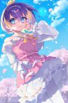  1girl belt cherry_blossoms dress highres long_sleeves multicolored_clothes multicolored_dress multicolored_hair nijisanji nijisanji_en off-shoulder_dress off_shoulder orange_hair petra_gurin pink_belt pink_dress purple_hair ribbon shine_asahi short_hair sky smile solo streaked_hair thighhighs virtual_youtuber white_dress white_ribbon white_thighhighs 