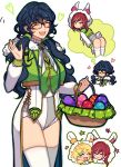  3girls animal_ears aoba_tsumugi blonde_hair blue_hair cape chibi closed_eyes closed_mouth easter easter_egg egg ensemble_stars! fake_animal_ears fake_tail genderswap genderswap_(mtf) glasses green_eyes green_hood harukawa_sora highres hood hood_down leotard long_hair long_sleeves low_twintails lummy_yummy multicolored_hair multiple_girls open_mouth rabbit_ears rabbit_tail red_hair sakasaki_natsume short_hair sketch tail thighhighs twintails wavy_hair white_cape white_hair white_leotard white_thighhighs yellow_eyes 