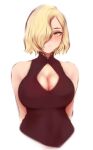  1girl blonde_hair boku_no_hero_academia breasts cleavage cleavage_cutout closed_mouth clothing_cutout expressionless hair_over_one_eye highres large_breasts light_blush looking_at_viewer ryuukyuu shpo simple_background solo upper_body white_background yellow_eyes 
