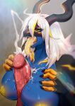  agitype01 anthro areola biped blue_body bodily_fluids breast_play breasts cum dragon duo erection female genital_fluids genitals hair hi_res male male/female nipples penis sex titfuck tongue tongue_out white_hair yellow_eyes yellow_nipples 
