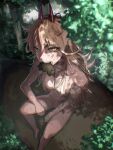  1girl animal_in_mouth barefoot blood blood_on_face breasts brown_hair chainsaw_man cross-shaped_pupils dappled_sunlight dirty foreshortening forest hair_censor highres horns kota_2kx long_hair looking_at_viewer messy_hair mouse nature nude power_(chainsaw_man) red_horns small_breasts solo sunlight symbol-shaped_pupils yellow_eyes 