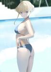  1girl absurdres ass beach bikini blonde_hair blue_archive blue_bikini blue_eyes braid breasts closed_mouth cowboy_shot from_behind hair_bun highres looking_at_viewer looking_back medium_breasts solo swimsuit thighs tnr_(horiko1525) toki_(blue_archive) 