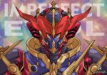  1boy 2022 absurdres blue_armor cobra_(animal) collar compound_eyes english_text evolto gold_armor highres kamen_rider kamen_rider_build_(series) kamen_rider_evol mie_kari multicolored_background red_eyes science_fiction tokusatsu twitter_username 