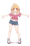  1girl absurdres aoi_tori blonde_hair blue_footwear blush breasts collarbone denim denim_shorts full_body grin hair_bobbles hair_ornament highres long_hair midriff_peek navel orange_eyes original outstretched_arms pink_shirt shadow shirt shoes shorts simple_background small_breasts smile sneakers solo spaghetti_strap spread_arms standing white_background 