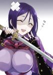 1girl armor black_gloves bodysuit breasts closed_eyes elbow_gloves fate/grand_order fate_(series) fingerless_gloves gloves highres japanese_armor katana kino_kokko kote large_breasts long_hair minamoto_no_raikou_(fate) open_mouth parted_bangs purple_bodysuit purple_hair ribbed_sleeves shaded_face smile solo sword translation_request very_long_hair weapon 