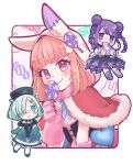  3girls :&lt; animal_hands animal_hood black_corset black_dress blunt_bangs blush braid candy capelet chibi closed_mouth commentary corset denonbu double_bun dress food fur-trimmed_capelet fur_trim gloves hair_bun hair_over_one_eye hand_up hands_up hat heart holding holding_candy holding_food holding_lollipop hood hood_up iduru126 inubousaki_shian lollipop long_hair looking_at_another looking_at_viewer minakami_hina multiple_girls nurse_cap official_alternate_costume orange_hair paw_gloves pink_eyes pink_gloves purple_eyes purple_hair rabbit_hood red_capelet sakurano_mimito short_hair smile solo_focus swirl_lollipop symbol-only_commentary twin_braids upper_body 