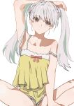  1girl :/ arm_on_head bare_shoulders between_legs bow butterfly_sitting camisole collarbone grey_eyes hair_ornament hair_scrunchie hair_tie hand_between_legs highres knees_apart_feet_together long_hair monogatari_(series) oikura_sodachi owarimonogatari pajamas pink_bow ribbon screentones scrunchie sitting strap_slip twintails valhalla0707 white_background white_hair yellow_pajamas 