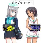  2girls animal_ear_fluff animal_ears bag black_hair blue_archive blue_eyes blue_jacket blue_necktie blue_scarf blush box breast_pocket brown_eyes character_name cowboy_shot crossover dark-skinned_female dark_skin dress extra_ears gloves green_gloves grey_hair grey_skirt gundam gunpla halo holding holding_box jacket kantai_collection kishi_nisen looking_at_another medium_hair messala model_kit mole mole_under_eye multiple_girls name_connection necktie open_clothes open_jacket pleated_skirt pocket sailor_dress scarf school_bag school_uniform scirocco_(kancolle) shiroko_(blue_archive) shirt short_hair shoulder_bag simple_background single_glove skirt sleeveless sleeveless_dress striped striped_scarf tan the_o translated two_side_up white_background white_shirt wolf_ears zeta_gundam 