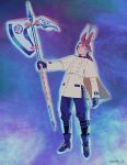  1boy animal_ears axe black_gloves boots capelet commentary english_commentary final_fantasy final_fantasy_xiv full_body glasses gloves highres holding holding_axe koffo-art long_hair male_focus rabbit_ears red_eyes red_hair solo twitter_username viera warrior_of_light_(ff14) 
