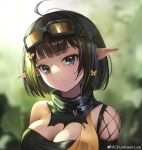  1girl absurdres ahoge arknights bare_shoulders black_hair black_tube_top blue_eyes blurry blurry_background bob_cut breasts chunhwei_lee cleavage dress eunectes_(arknights) flower goggles goggles_on_head green_background hair_flower hair_ornament highres large_breasts looking_at_viewer pointy_ears portrait short_hair sidelighting smile solo strapless tube_top weibo_logo weibo_username yellow_dress yellow_flower 