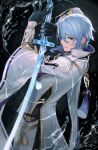  1boy black_gloves blue_hair closed_mouth collared_jacket cowboy_shot fighting_stance genshin_impact gloves haran_geppaku_futsu_(genshin_impact) highres holding holding_sword holding_weapon japanese_clothes kamisato_ayato lapels light_blue_hair liquid_weapon looking_at_viewer mole mole_under_mouth neekosiah purple_eyes ripples smile sword tassel water weapon wide_sleeves 