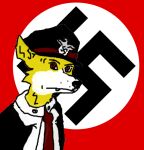  anthro canid canine collared_shirt fan_character fur male mammal meme nazi nazi_flag nazi_uniform nazifur necktie prick_ears red_eyes shitpost simple_background simple_coloring stare swastika 