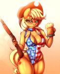  absurd_res anthro anthrofied applejack_(mlp) blonde_hair breasts cleavage clothed clothing cowboy_hat equid equine female freckles friendship_is_magic green_eyes gun hair hasbro hat headgear headwear heavymetalbronyyeah hi_res holding_gun holding_object holding_shotgun holding_weapon horse mammal my_little_pony nipple_outline one-piece_swimsuit pony ranged_weapon shotgun solo swimwear united_states_of_america weapon 