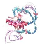  1girl apron aqua_eyes aqua_hair bandaid bandaid_on_knee bandaid_on_leg bare_shoulders bow bowtie braid colored_tips commentary dress frilled_bowtie frilled_dress frills full_body hair_bow hatsune_miku kneehighs leg_up long_hair mary_janes multicolored_hair one_eye_closed open_mouth pink_bow pink_bowtie pink_dress pink_footwear pink_hair shoes short_dress sleeveless sleeveless_dress smile socks solo twin_braids twintails twitter_username very_long_hair vocaloid white_apron white_background white_socks xing_bi 