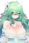  1girl animal_ears bare_shoulders blush breasts choker cleavage collarbone english_text fingernails green_choker green_eyes green_hair hair_between_eyes hair_ornament heart highres holding holding_sign horns large_breasts league_of_legends lips long_hair looking_at_viewer nail_polish ririsaurus shiny_skin sign simple_background single_horn solo soraka_(league_of_legends) star_guardian_(league_of_legends) star_guardian_soraka sweater white_background white_horns wing_hair_ornament 