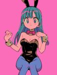  1girl animal_ears aqua_hair black_leotard blue_eyes blue_pantyhose blush_stickers bow breasts bulma cleavage dragon_ball dragon_ball_(classic) fake_animal_ears highres invisible_chair leotard long_hair looking_at_viewer medium_breasts menma_(enaic31) pantyhose pink_background playboy_bunny rabbit_ears red_bow simple_background sitting solo strapless strapless_leotard white_wrist_cuffs wrist_cuffs 