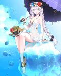  1girl anastasia_(fate) anastasia_(swimsuit_archer)_(fate) bare_shoulders bikini bikini_skirt blue_eyes blush bow breasts collarbone doll dress dress_swimsuit fate/grand_order fate_(series) flower_wreath full_body hair_bow hair_over_one_eye hazuki-a head_wreath highres ice large_breasts long_hair looking_at_viewer open_mouth solo swimsuit thighhighs thighs twintails umbrella very_long_hair white_dress white_hair 