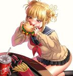  1girl bags_under_eyes black_skirt black_socks blonde_hair blunt_bangs boku_no_hero_academia burger cardigan coca-cola commentary cup dated disposable_cup double_bun drinking_straw eating food food_on_face french_fries hair_bun highres holding holding_food ketchup kneehighs kneeling long_sleeves looking_at_food messy messy_hair miniskirt narrowed_eyes neckerchief nicomamu red_neckerchief sailor_collar school_uniform serafuku short_hair signature skirt socks solo spanish_commentary table toga_himiko tray white_background yellow_cardigan yellow_eyes 