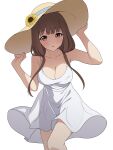  1girl :o absurdres arms_up bare_arms blush breasts brown_eyes brown_hair cleavage collarbone coro_fae dot_nose dress feet_out_of_frame fingernails flower hands_on_headwear hat hat_flower highres iino_miko kaguya-sama_wa_kokurasetai_~tensai-tachi_no_renai_zunousen~ large_breasts long_hair looking_at_viewer low_twintails paid_reward_available parted_lips see-through_dress_layer see-through_silhouette shade simple_background sleeveless sleeveless_dress solo standing sun_hat sundress sunflower twintails white_background white_dress wind wind_lift yellow_headwear 