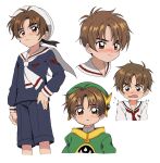  1boy blush brown_hair cardcaptor_sakura fingernails green_headwear hand_on_own_hip hat highres li_xiaolang long_sleeves male_child male_focus open_mouth sailor_collar shamoya shorts white_background white_headwear 