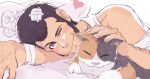  1boy animal arm_hair arsene_lupin_iii bandaged_arm bandages black_hair calico cat closed_mouth fingernails gauze highres knuckle_hair long_sideburns lupin_iii lying male_focus nowit7hotter on_side one_eye_closed petting pillow pink_eyes shirt short_hair sideburns smile white_shirt 