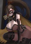  1girl alternate_costume black_gloves breasts brown_eyes brown_hair brown_jumpsuit calling_card card cleavage commission domino_mask fire_emblem fire_emblem_fates fire_emblem_heroes gloves hair_ornament hair_over_one_eye hair_ribbon highres holding holding_card jumpsuit kagero_(fire_emblem) kagero_(thief)_(fire_emblem) large_breasts looking_at_viewer mask oyatsu_0 ponytail ribbon skeb_commission smile two-tone_cape 
