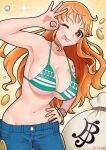  1girl absurdres armpits artist_name bag bikini bikini_top_only bracelet breasts cleavage coin denim earrings gold_coin groin hand_on_own_hip highres jeans jewelry large_breasts long_hair midriff money_bag nami_(one_piece) navel obakeneko ok_sign one_eye_closed orange_hair pants solo sparkle swimsuit tattoo tongue tongue_out yellow_background 