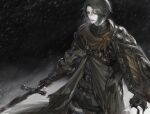  1girl absurdres androgynous armor belt belt_buckle black_gloves black_hair boots brown_cloak brown_scarf buckle cloak cowboy_shot final_fantasy final_fantasy_xiv fingerless_gloves from_side fur-trimmed_boots fur_trim gloves grey_eyes grey_jacket highres holding holding_sword holding_weapon jacket motion_blur open_mouth outdoors paladin_(final_fantasy) pauldrons reverse_trap scarf serious shield short_hair shoulder_armor shoulder_belt single_pauldron snowing solo standing swept_bangs sword tladpwl03 torn_cloak torn_clothes torn_scarf turtleneck vambraces weapon zero_(ff14) 