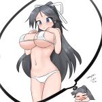  1girl absurdres alternate_breast_size bikini black_hair blue_eyes breasts cowboy_shot dated dreaming hair_ribbon highres kantai_collection katsuragi_(kancolle) large_breasts long_hair maru_(marg0613) ponytail ribbon simple_background solo standing swimsuit twitter_username white_background white_bikini 