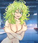  1girl boku_no_hero_academia commentary_request green_eyes green_hair hagakure_tooru highres long_hair looking_at_viewer messy_hair mizumori_keiichi multicolored_hair navel nude one_eye_closed open_mouth pink_hair semi-transparent solo thick_eyelashes unusually_visible 