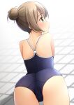  1girl ass bad_anatomy bare_shoulders blue_one-piece_swimsuit blush brown_hair closed_mouth commentary_request double_bun from_behind green_eyes hair_between_eyes hair_bun highres looking_to_the_side one-piece_swimsuit original profile school_swimsuit shibacha single_hair_bun solo swimsuit 