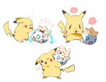  :3 ban_(ban62460424) black_eyes carrying commentary_request crying hands_on_own_face no_humans piggyback pikachu pokemon pokemon_(creature) simple_background togepi white_background 