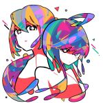  2girls ahoge bare_shoulders closed_mouth colored_skin colorful commentary hair_between_eyes long_bangs long_hair looking_at_viewer machigami_yoh multicolored_eyes multicolored_hair multiple_girls original simple_background swept_bangs upper_body white_background white_skin 