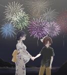  1boy 1girl aerial_fireworks black_shirt blue_eyes blue_hair blush boku_no_kokoro_no_yabai_yatsu dark_blue_hair fireworks fox_mask hair_bun highres holding_hands ichikawa_kyoutarou japanese_clothes kimono maaai_ka mask mask_on_head night night_sky obi ocean pants plant_print profile sash shirt short_hair sky white_kimono wide_sleeves yamada_anna yellow_pants yellow_sash 