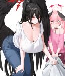  2girls absurdres bent_over black_choker black_hair black_nails black_wings blue_archive blush breasts choker ddog feathered_wings hair_between_eyes halo hasumi_(blue_archive) head_wings highres holding huge_breasts koharu_(blue_archive) long_hair low_wings mole mole_under_eye multiple_girls pants pink_hair red_eyes shirt_tucked_in short_sleeves skirt twintails very_long_hair white_background wings 