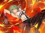  1girl arm_tattoo armpits arms_up belt between_fingers black_gloves breasts cityscape cleavage closed_mouth covered_navel fighting_stance fire gloves green_hair highres hikage_(senran_kagura) holding holding_knife jumping knife knives_between_fingers large_breasts leather leather_pants medium_hair multiple_belts official_art pants senran_kagura senran_kagura_new_link tattoo throwing_knife weapon yellow_eyes 