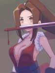  1girl bare_shoulders breasts brown_eyes brown_hair cleavage commentary_request fatal_fury folded_fan folding_fan grey_background hand_fan high_ponytail highres irc14786149 japanese_clothes large_breasts long_hair ninja ponytail revealing_clothes rope shiranui_mai sideboob solo the_king_of_fighters the_king_of_fighters_xv 