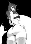  1girl animal_ears artist_name ass bikini brassica breasts commission facial_mark from_behind greyscale hand_on_own_hip heart highres large_breasts long_hair looking_back monochrome open_mouth original shadow sideboob solo strapless strapless_bikini swimsuit thighhighs 