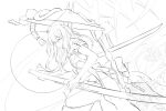  1girl armor breasts bronyangg clothing_cutout flower goddess_of_victory:_nikke hair_between_eyes hat highres holding holding_sword holding_weapon japanese_armor jingasa large_hat leg_cutout long_hair medium_breasts monochrome motion_lines scarlet_(nikke) sheath sketch solo spider_lily sword weapon white_background 