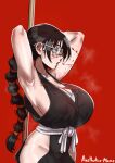  1girl absurdres aestheticc-meme armpits arms_up black_hair black_kimono bleach blood blood_on_arm blood_on_clothes blood_on_face braid breasts from_side glasses haori highres huge_breasts japanese_clothes katori_batsuunsai kimono long_hair presenting_armpit red_background round_eyewear sash shinigami single_braid solo taichou_haori white_sash 