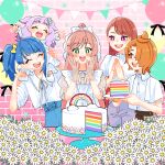  4girls arms_up asymmetrical_bangs birthday birthday_cake black_pants blouse blue_hair blue_skirt bow bracelet brick_wall bright_pupils brown_hair cake cake_slice carrying character_name closed_eyes collared_shirt commentary cut_bangs daisy dress_shirt ellee-chan english_commentary flag flower food green_eyes grey_pants hair_bow hair_bun hair_over_one_eye hair_ribbon hands_on_own_face hijiri_ageha hirogaru_sky!_precure holding holding_plate jewelry long_hair medium_hair monster_rally multiple_girls nijigaoka_mashiro open_mouth orange_hair own_hands_together pants pink_hair plate precure purple_eyes purple_hair red_eyes ribbon ring see-through see-through_gloves see-through_sleeves shirt short_hair short_sleeves shoulder_carry side_ponytail single_sidelock skirt smile sora_harewataru star_(symbol) string_of_flags swept_bangs white_bow white_flag white_pupils white_shirt yellow_ribbon yuunagi_tsubasa 