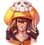  1girl black_gloves blizzardingpike brown_hair cabbie_hat fingerless_gloves gloves guilty_gear guilty_gear_strive hat hat_ornament hood hoodie long_hair looking_at_viewer may_(guilty_gear) orange_eyes orange_headwear orange_hoodie skull_and_crossbones skull_hat_ornament smile 
