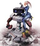  1girl artist_name ass blonde_hair blue_bodysuit bodysuit breasts family_computer_robot glowing_shoe_soles gun highres kakizaka_hachishika long_hair looking_at_viewer metroid ponytail robot samus_aran super_smash_bros. weapon 