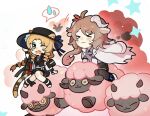  &gt;_&lt; 2girls animal animal_ear_fluff animal_ears arknights black_dress black_footwear black_headwear black_skirt black_thighhighs blonde_hair chibi closed_eyes closed_mouth dress ears_through_headwear eyjafjalla_(arknights) eyjafjalla_the_hvit_aska_(arknights) fang green_eyes highres horns jacket jacket_on_shoulders multiple_girls one_eye_closed open_mouth parted_bangs purple_shirt sheep sheep_ears sheep_girl sheep_horns shirt sifeizui simple_background skirt spoken_sweatdrop star_(symbol) striped_tail sweatdrop swire_(arknights) swire_the_elegant_wit_(arknights) tail thighhighs tiger_ears tiger_girl tiger_tail v-shaped_eyebrows white_background white_footwear white_jacket 