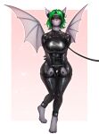  anthro bat bdsm big_breasts black_clothing blindfold bondage bondage_gear border bound breasts clothing collar cuff_(restraint) female glistening glistening_clothing green_hair grey_body hair headphones hi_res kinktober latex latex_clothing leash leashed_collar mammal membrane_(anatomy) membranous_wings pink_background portrait restraints rubber rubber_clothing rubber_suit sensory_deprivation simple_background solo spread_wings standing tillkunkun white_border wings 