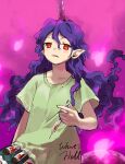  1girl clothes_writing green_shirt highres holding holding_syringe horns kaigen_1025 long_hair open_mouth pointy_ears purple_hair purple_horns red_eyes shirt short_sleeves single_horn solo syringe tail tenkajin_chiyari touhou unfinished_dream_of_all_living_ghost upper_body 