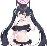  1girl absurdres animal_ears bikini black_bikini black_hair blue_archive blush cat_ears commentary_request cowboy_shot flat_chest frilled_bikini frills green_ribbon hair_ribbon halo halterneck hand_up highres long_hair looking_at_viewer navel official_alternate_costume open_mouth pink_eyes pink_halo ribbon serika_(blue_archive) serika_(swimsuit)_(blue_archive) shiroharo simple_background smile solo swimsuit twintails very_long_hair white_background 