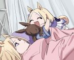  2girls 500_dollar_four_foot_tall_mareep_(meme) :d admire_vega_(umamusume) animal_ears blanket bow curtains empty_eyes horse_ears horse_girl horse_tail hug meme multiple_girls narita_top_road_(umamusume) pajamas pillow school_uniform smile stuffed_toy tail tarako tracen_school_uniform umamusume 